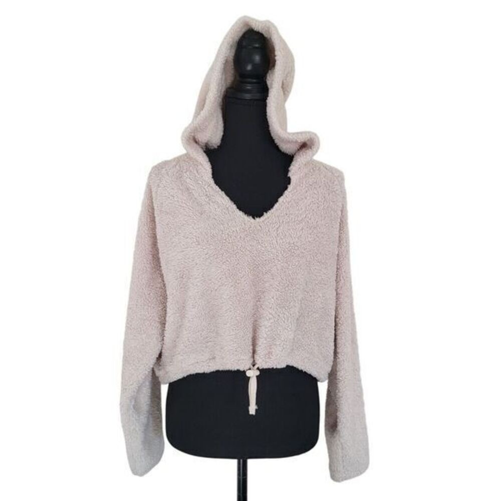 Urban Outfitters Womens XS Sherpa Hoodie Pullover Beige Cropped Teddy Fleece